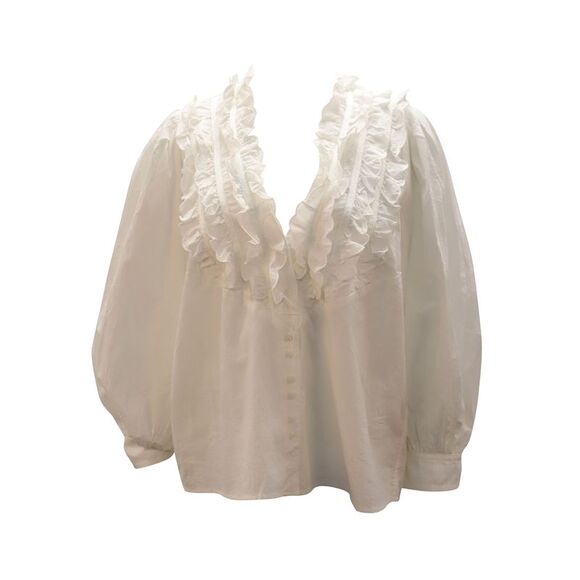 The Great Button-Up Ruffle Blouse in White Cotton